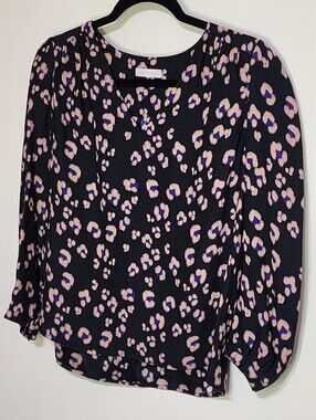 Rebecca Taylor 100% Silk Size M Blouse Top Black Purple Animal Print (No Sz Tag)
